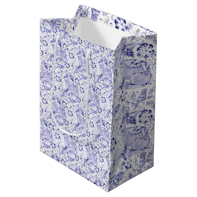 Delft Blue & White Rabbit Birds Elegant Easter Medium Gift Bag (Front Angled)