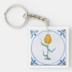 Delft Blue White Yellow Tulip Faux Tile Key Ring