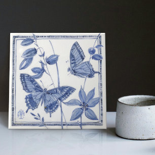 Delft Butterfly Floral Wall Decor Art Nouveau Ceramic Tile