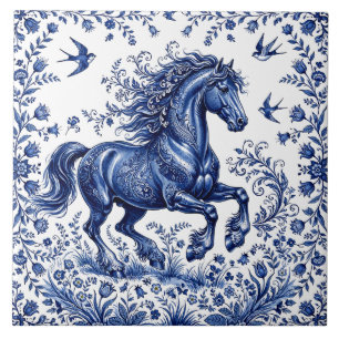 Delft Delftware Style Friesian Horse in Meadow Ceramic Tile