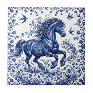 Delft Delftware Style Friesian Horse in Meadow Ceramic Tile