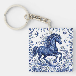Delft Delftware Style Friesian Horse in Meadow Key Ring