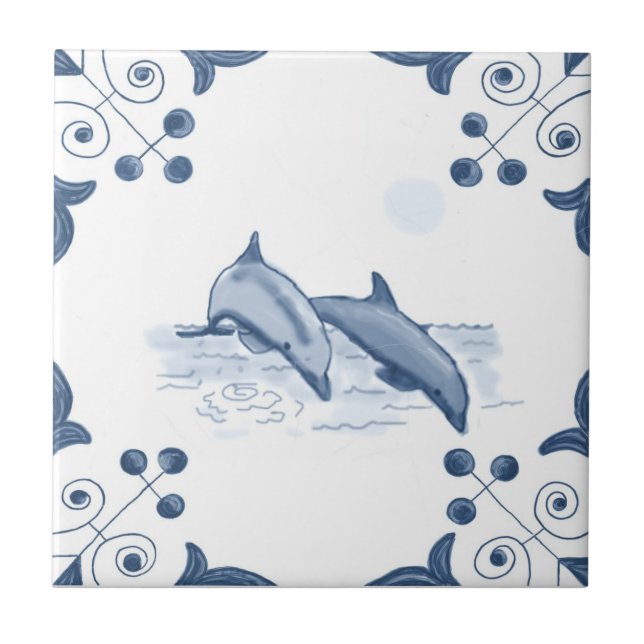 Delft Dolphins Tile with Scroll Corners (Front)