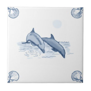 Delft Dolphins Tile with Shell Corners
