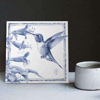 Delft Hummingbird Decor Art Nouveau Watercolor Ceramic Tile