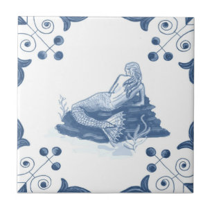 Delft Mermaid Tile with Scroll Corners