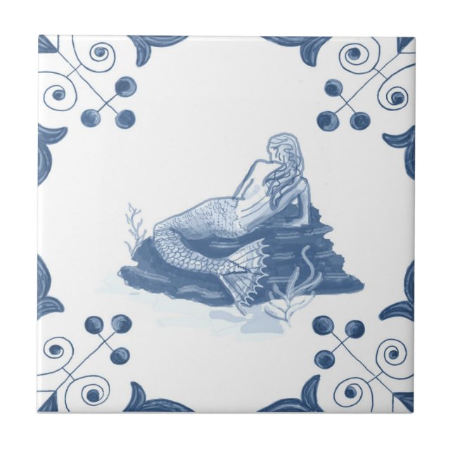 Delft Mermaid Tile with Scroll Corners (Front)