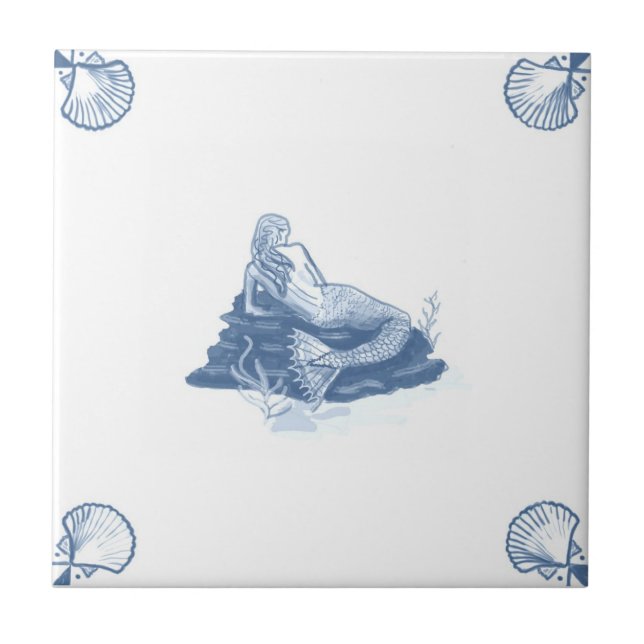 Delft Mermaid Tile with Shell Corners (Front)