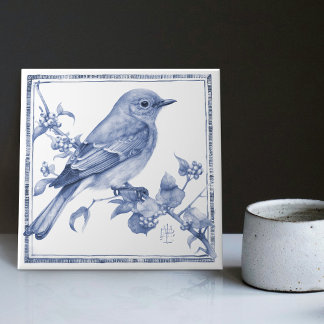 Delft Mountain Bluebird Art Nouveau Spring Bird Ceramic Tile