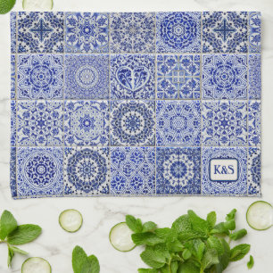 Delft Pottery Look Blue Tiles with their initials  Tea Towel