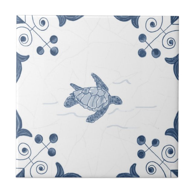Delft Sea Turtle Tile with Scroll Corners (Front)