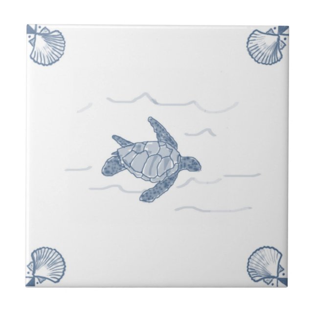 Delft Sea Turtle Tile with Shell Corners (Front)