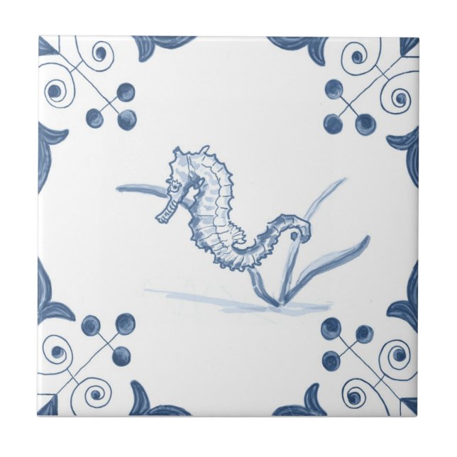 Delft Seahorse Tile with Scroll Corners (Front)
