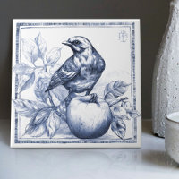 Delft Sparow Apple Art Nouveau Watercolor Decor