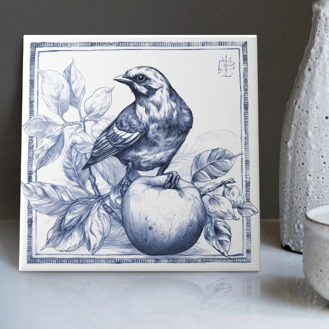 Delft Sparow Apple Art Nouveau Watercolor Decor Ceramic Tile (Creator Uploaded)