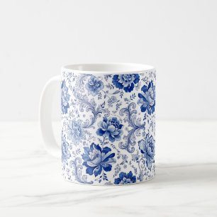 Delft Style Blue White Blossoms Whimsical Fantasy Coffee Mug