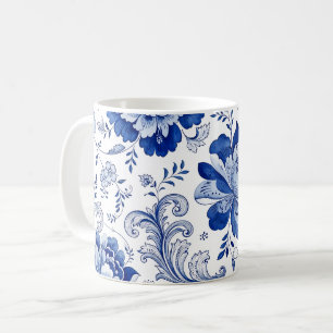 Delft Style Blue White Blossoms Whimsical Fantasy Coffee Mug