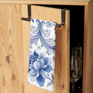Delft Style Blue White Blossoms Whimsical Fantasy Tea Towel