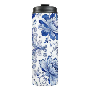 Delft Style Blue White Blossoms Whimsical Fantasy Thermal Tumbler