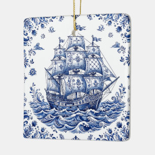 Delft Style Blue White Merchant Ship Ceramic Ornament