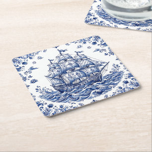 Delft Style Blue White Merchant Ship Square Paper Coaster