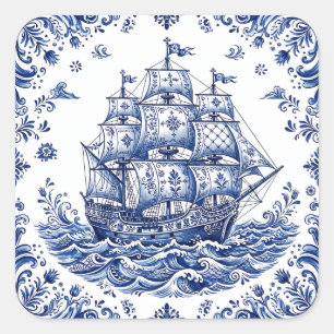 Delft Style Blue White Merchant Ship Square Sticker