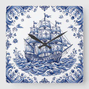Delft Style Blue White Merchant Ship Square Wall Clock