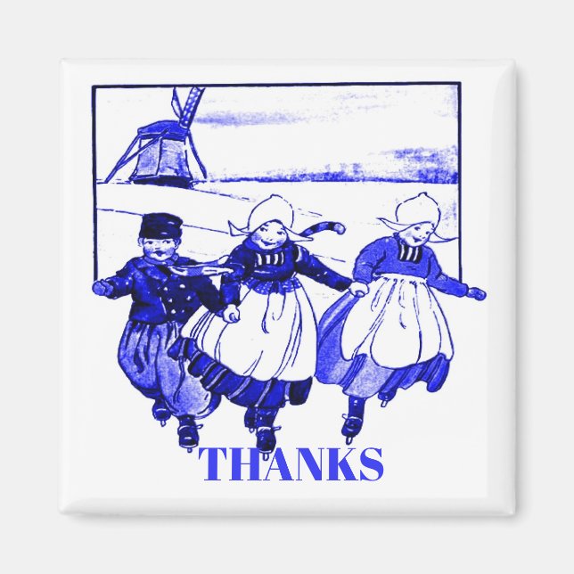 Delft Style Dutch Kids On Skates, edit text Magnet (Front)