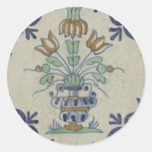 Delft Tile Antique Ceramic Flower Pot  Classic Round Sticker