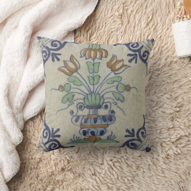 Delft Tile Antique Ceramic Flower Pot  Cushion (Blanket)