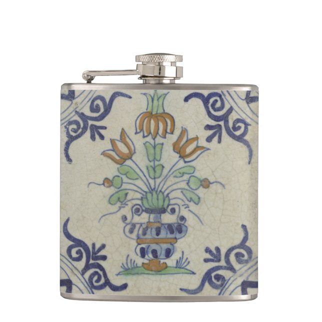 Delft Tile Antique Ceramic Flower Pot  Hip Flask (Front)