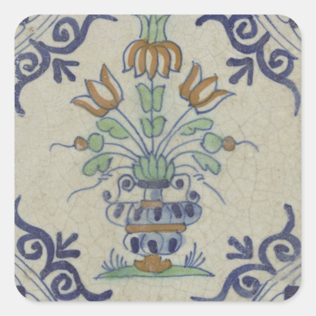 Delft Tile Antique Ceramic Flower Pot  Square Sticker (Front)