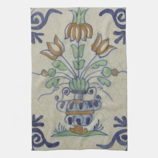 Delft Tile Antique Ceramic Flower Pot  Tea Towel (Vertical)