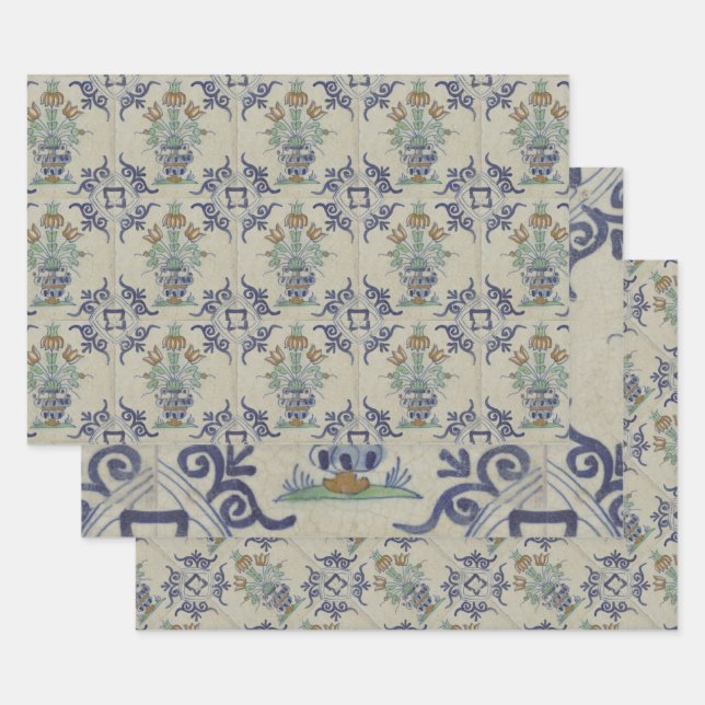 Delft Tile Antique Ceramic Flower Pot  Wrapping Paper Sheet (Set)