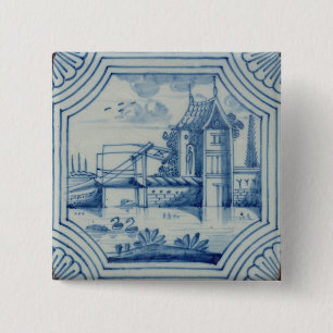 Delft tile showing a drawbridge over a canal, 19th 15 cm square badge