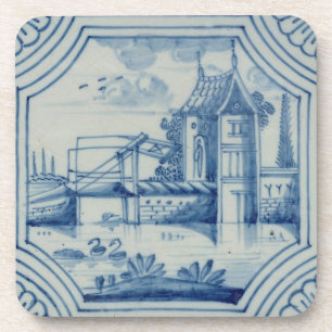 Delft tile showing a drawbridge over a canal, 19th coaster