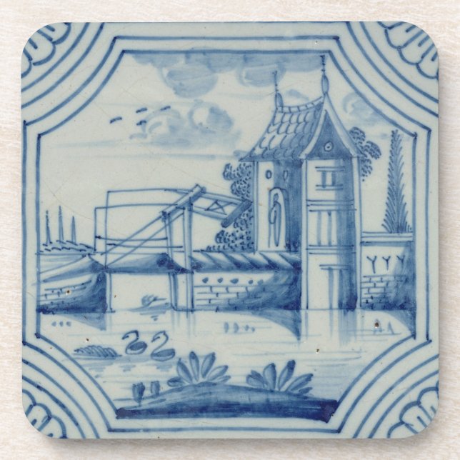 Delft tile showing a drawbridge over a canal, 19th coaster (Front)