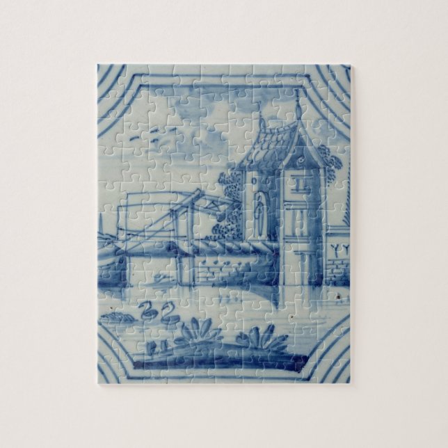 Delft tile showing a drawbridge over a canal, 19th jigsaw puzzle (Vertical)