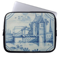 Delft tile showing a drawbridge over a canal, 19th