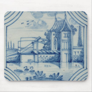 Delft tile showing a drawbridge over a canal, 19th mouse pad