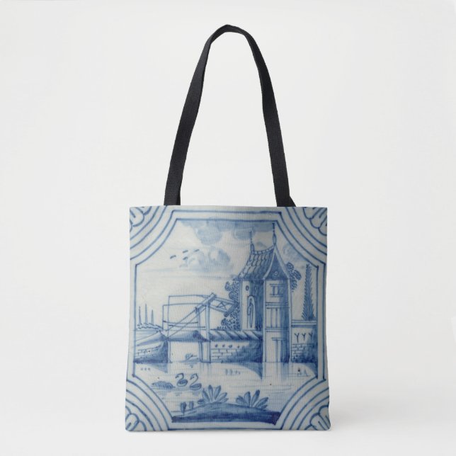 Delft tile showing a drawbridge over a canal, 19th tote bag (Front)