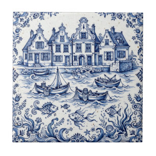 Delft Town & Fishing Harbour Cobalt Blue White Ceramic Tile