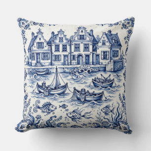 Delft Town & Fishing Harbour Cobalt Blue White Cushion
