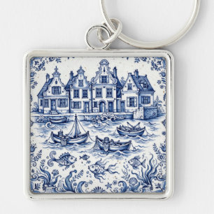 Delft Town & Fishing Harbour Cobalt Blue White Key Ring