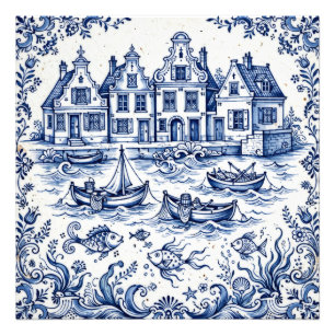 Delft Town & Fishing Harbour Cobalt Blue White Photo Print