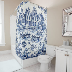 Delft Town & Fishing Harbour Cobalt Blue White  Shower Curtain