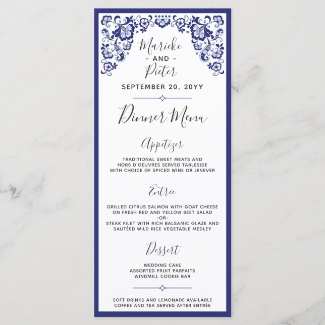 Delfts Blauw Delft Blue Dutch Wedding Dinner Menu (Front)