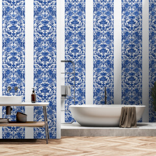 delftware blue graphic in solid colour wallpaper