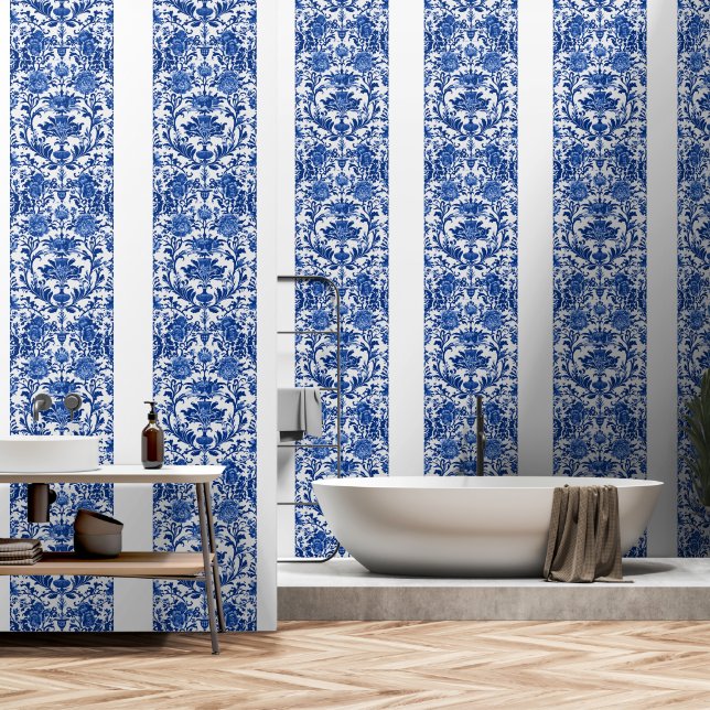 delftware blue graphic in solid colour  wallpaper (Bathroom)