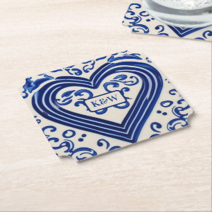 'Delftware' Dutch Look Painted Heart - Monograms Paper Coaster